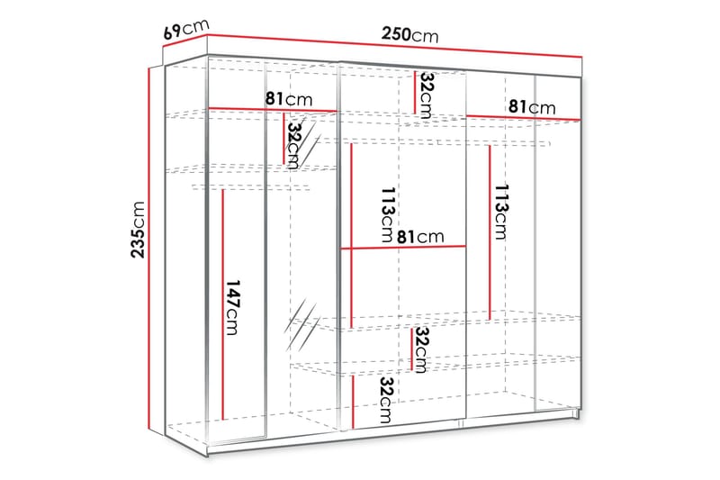 Haruna Garderob med Spegel 250x235 cm - Vit - Förvaring - Garderober & garderobssystem