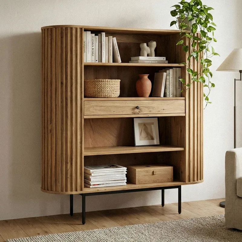 Belilo Bokhylla 105 cm Ribbdesign - naturligt varm honungsbrun och svart - Förvaring - Hylla - Bokhylla