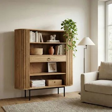 Belilo Bokhylla 105 cm Ribbdesign - naturligt varm honungsbrun och svart - Förvaring - Hylla - Bokhylla