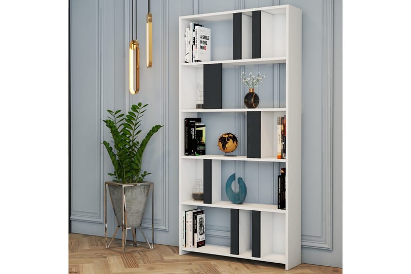 Bokhylla Tibani 90x20 cm 5 Hyllor - Vit/Antracit - Förvaring - Hylla - Bokhylla