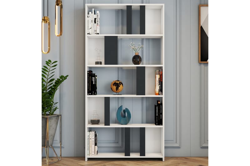 Bokhylla Tibani 90x20 cm 5 Hyllor - Vit/Antracit - Förvaring - Hylla - Bokhylla