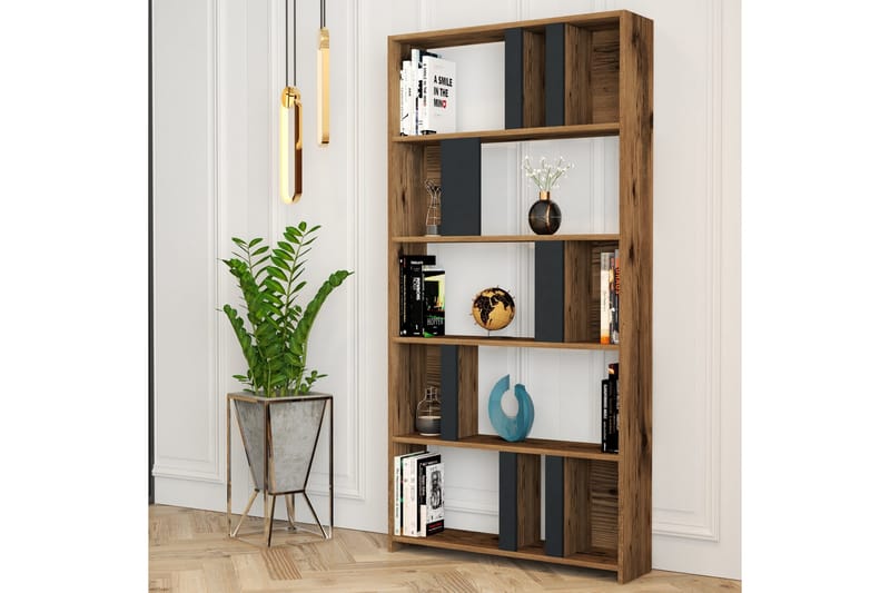 Timiza Bokhylla 90x20 cm 5 Hyllor - Mörkbrun/Antracit - Förvaring - Hylla - Bokhylla