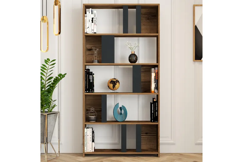 Timiza Bokhylla 90x20 cm 5 Hyllor - Mörkbrun/Antracit - Förvaring - Hylla - Bokhylla