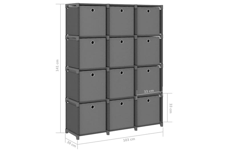 Hylla med 12 kuber med lådor grå 103x30x141 cm tyg - Grå - Hyllsystem