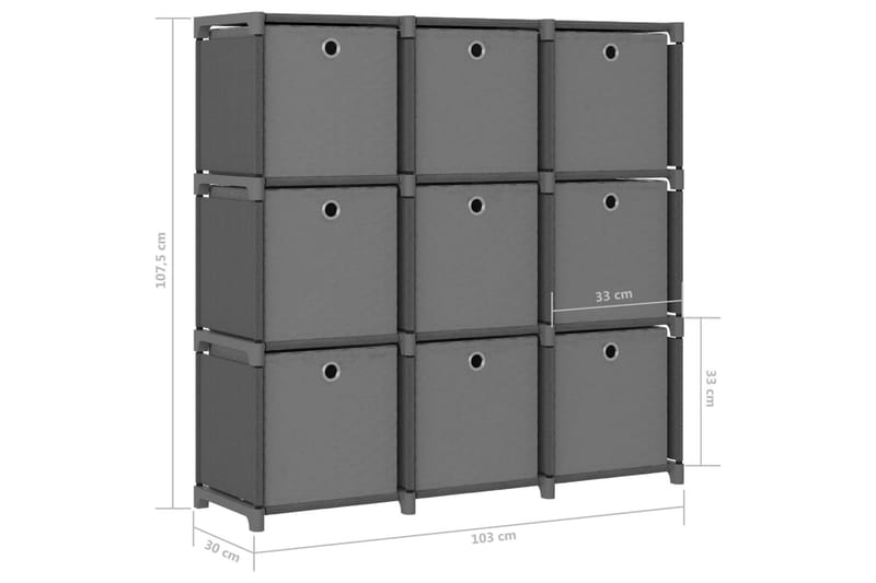 Hylla med 9 kuber med lådor grå 103x30x107,5 cm tyg - Grå - Hyllsystem