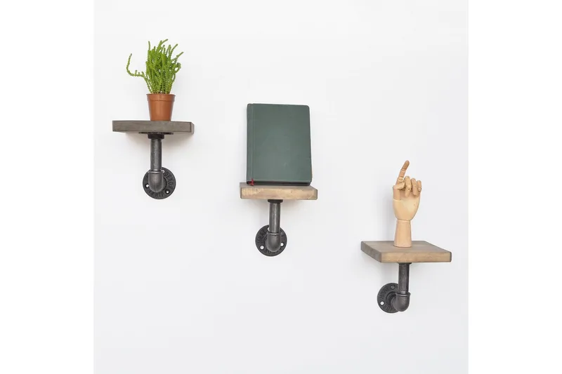 Evila Vägghylla Rör/Trä Liten 3-pack - Svart/Trä - Förvaring - Hylla - Vägghylla