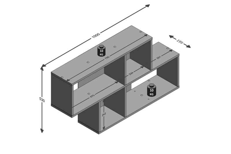 FMD Väggmonterad hylla med 4 fack betong och vit - Grå - Väggförvaring - Vägghylla