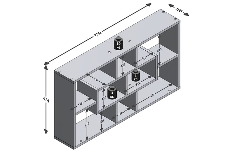 FMD Väggmonterad hylla rektangulär med 8 fack vit - Vit - Vägghylla - Väggförvaring
