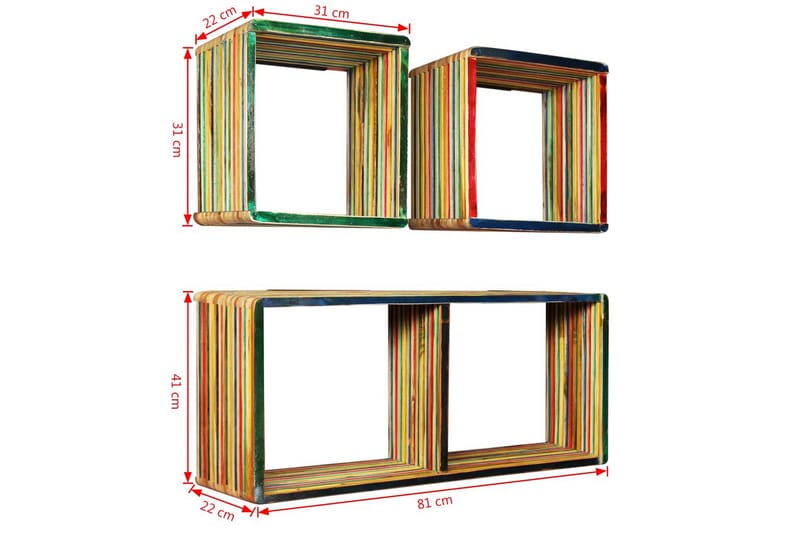 Vägghylla 3 delar massivt återvunnet teakträ flerfärgat - Flerfärgad - Vägghylla - Väggförvaring