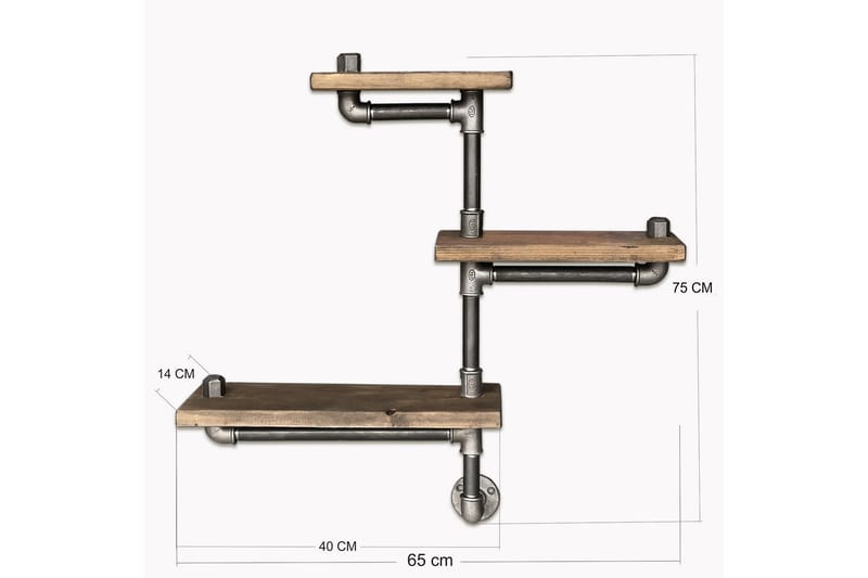 Vägghylla Arthur Rör/Trä 3 Hyllor - Svart|Trä - Vägghylla - Väggförvaring