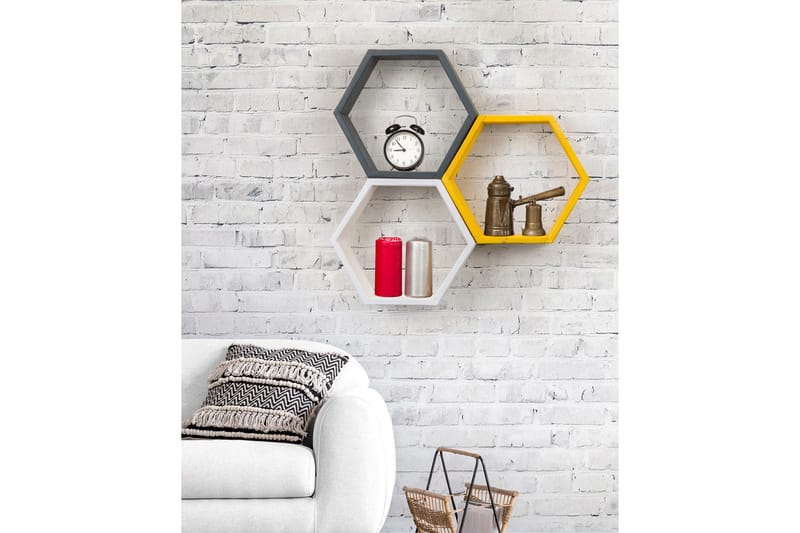 Vägghylla Elford 58x9 cm 3 Hyllor - Vit/Antracit/Gul - Förvaring - Hylla - Vägghylla
