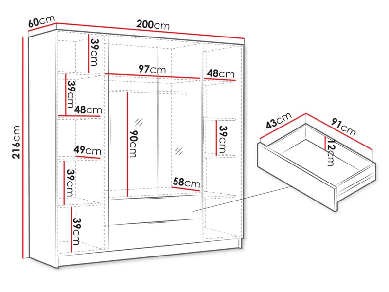 Kelros Garderob med Spegel 200x216 cm - Vit - Förvaring - Garderober & garderobssystem