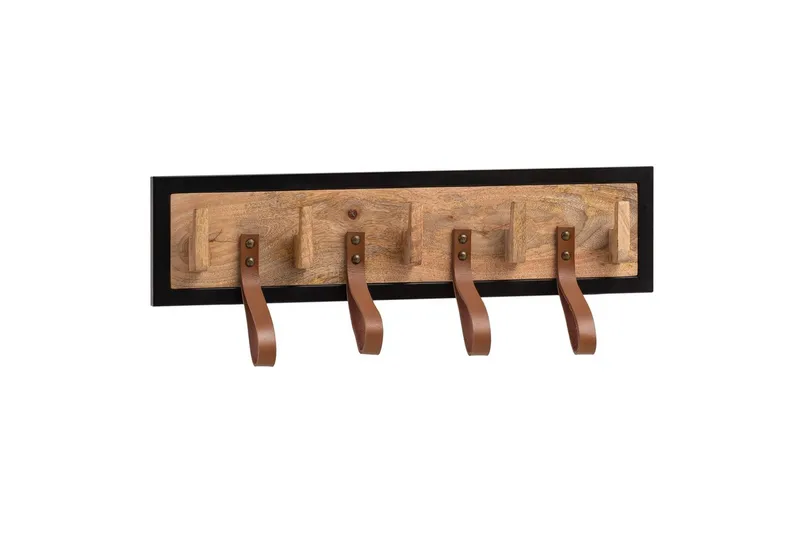 Kapprum Wohnling Väggmonterad klädhängare i massivt mangoträ 5 krokar i massivt trä 4 loopar i äkta läder