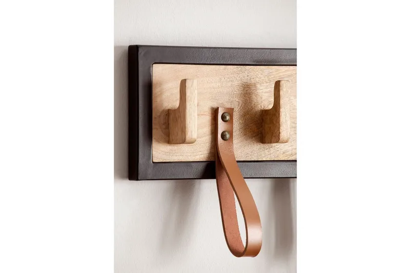 Kapprum Wohnling Väggmonterad klädhängare i massivt mangoträ 5 krokar i massivt trä 4 loopar i äkta läder - Förvaring - Klädförvaring - Klädhängare - Krokar