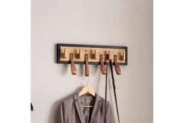 Kapprum Wohnling Väggmonterad klädhängare i massivt mangoträ 5 krokar i massivt trä 4 loopar i äkta läder - Förvaring - Klädförvaring - Klädhängare - Krokar