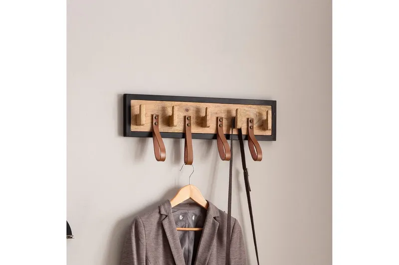 Kapprum Wohnling Väggmonterad klädhängare i massivt mangoträ 5 krokar i massivt trä 4 loopar i äkta läder - Förvaring - Klädförvaring - Klädhängare - Krokar