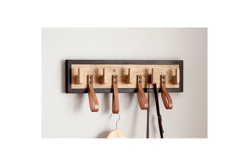 Kapprum Wohnling Väggmonterad klädhängare i massivt mangoträ 5 krokar i massivt trä 4 loopar i äkta läder - Förvaring - Klädförvaring - Klädhängare - Krokar