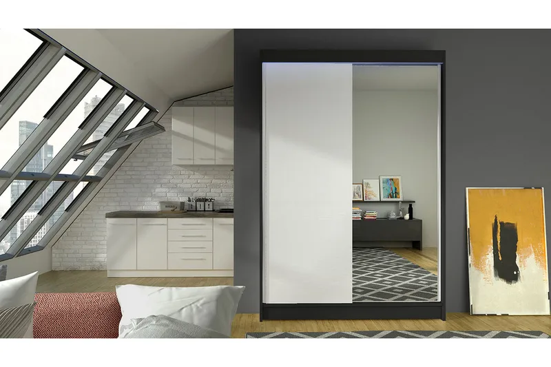 Liverpool Garderob med Spegel 120x200 cm - Vit/Svart - Förvaring - Garderober & garderobssystem