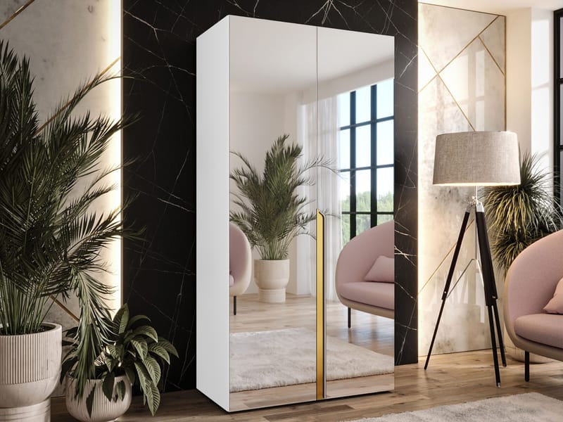 Milias Garderob med spegel 100x202 cm - vit / guld - Förvaring - Garderober & garderobssystem