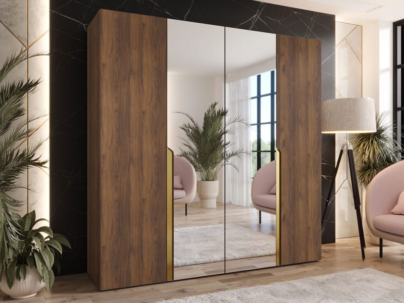 Milias Garderob med spegel 200x202 cm - Brun/guld - Förvaring - Garderober & garderobssystem
