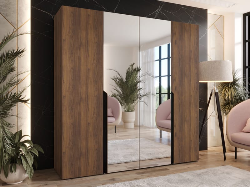 Milias Garderob med spegel 200x202 cm - Brun/svart - Förvaring - Garderober & garderobssystem