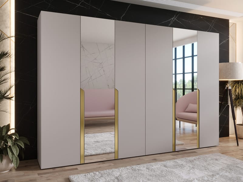 Milias Garderob med spegel 300x202 cm - beige / guld - Förvaring - Garderober & garderobssystem