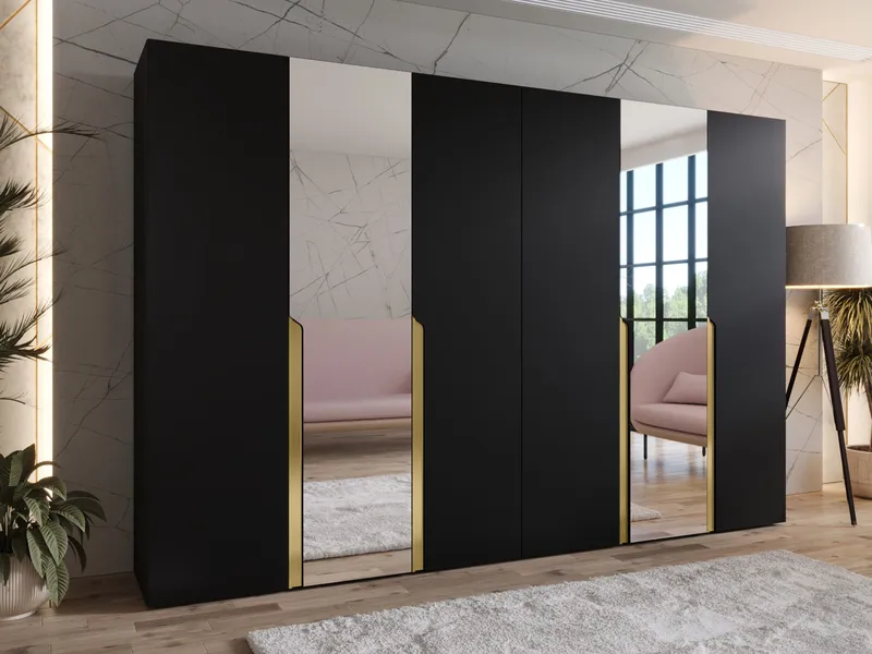 Milias Garderob med spegel 300x202 cm - svart / guld - Förvaring - Garderober & garderobssystem