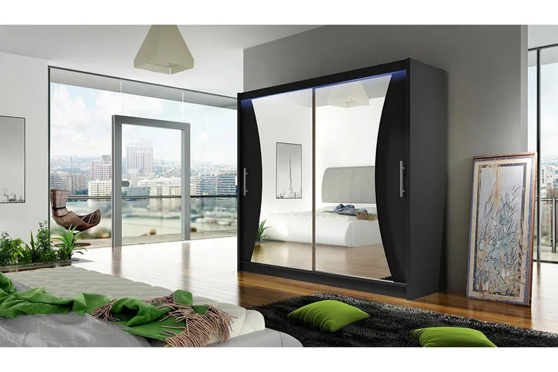 Prag Garderob med Spegel 180x215 cm - Svart - Förvaring - Garderober & garderobssystem