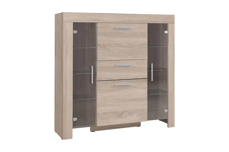 Cezar Lågt Vitrinskåp Vit LED Belysning 42 cm djup 130 cm bred 131 cm hög Ljust Trä Ek Glas, Beige/Grå