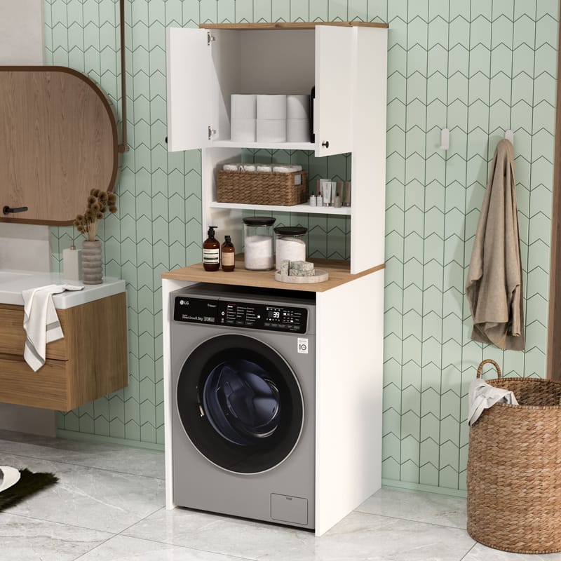 Avero Tvättmaskinsskåp 65,8x183,6x60 cm - Vit och ek - Förvaring - Skåp - Förvaringsskåp - Säkerhetsskåp - Medicinskåp