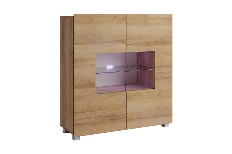 Frick Vitrinskåp Vit LED Belysning 35 cm djup 100 cm bred 107 cm hög Ljust Trä Ek Glas, Gyllene Ek/Vit Led-Belysning