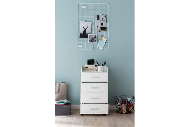 Rullkontejner Wohnling 4 lådor med hjul, förvaringsbricka, foliebelagd spånskiva, modern stil Vit - Vit - Förvaring - Förvaringsmöbler - Byrå - Hurts