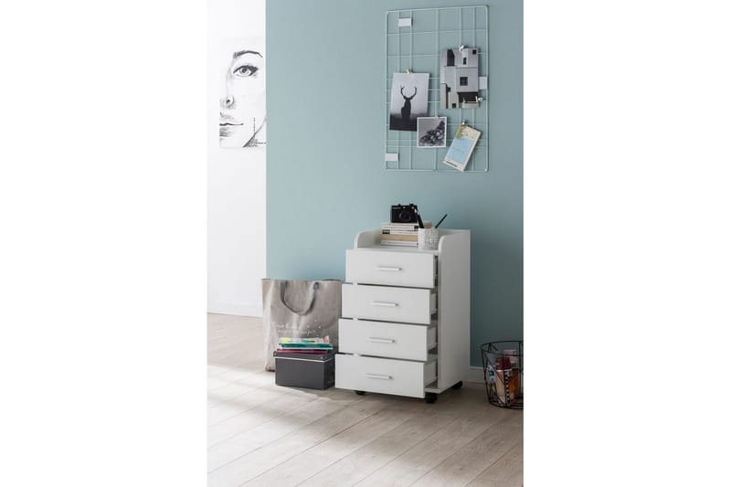 Rullkontejner Wohnling 4 lådor med hjul, förvaringsbricka, foliebelagd spånskiva, modern stil Vit - Vit - Förvaring - Förvaringsmöbler - Byrå - Hurts