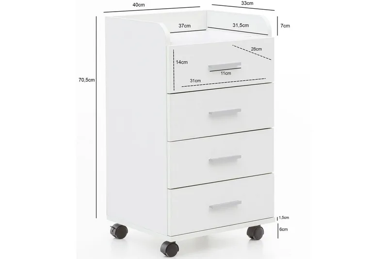 Rullkontejner Wohnling 4 lådor med hjul, förvaringsbricka, foliebelagd spånskiva, modern stil Vit - Vit - Förvaring - Förvaringsmöbler - Byrå - Hurts