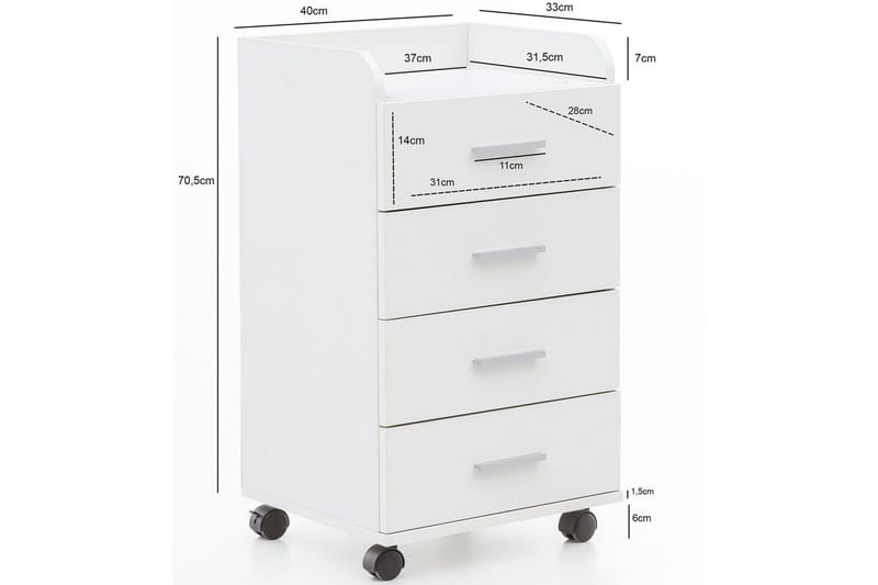 Rullkontejner Wohnling 4 lådor med hjul, förvaringsbricka, foliebelagd spånskiva, modern stil Vit - Vit - Förvaring - Förvaringsmöbler - Byrå - Hurts