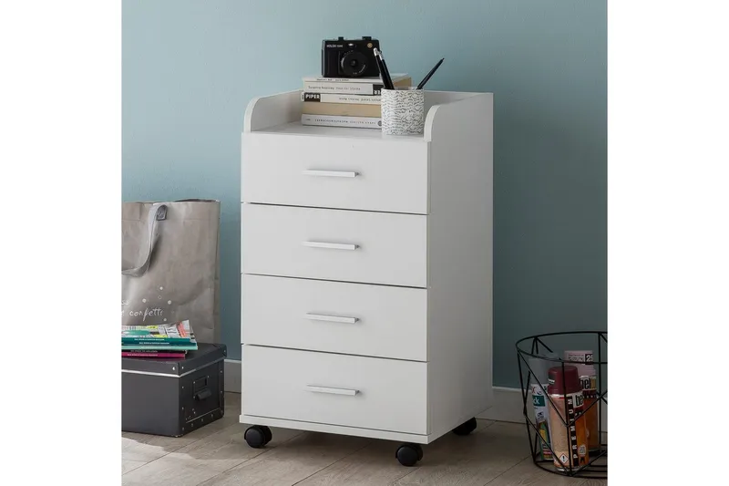 Rullkontejner Wohnling 4 lådor med hjul, förvaringsbricka, foliebelagd spånskiva, modern stil Vit - Vit - Förvaring - Förvaringsmöbler - Byrå - Hurts
