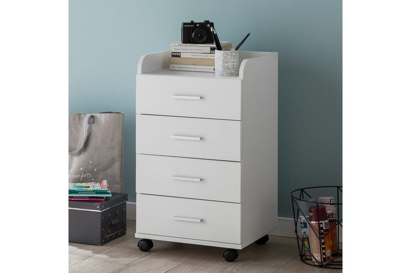 Rullkontejner Wohnling 4 lådor med hjul, förvaringsbricka, foliebelagd spånskiva, modern stil Vit - Vit - Förvaring - Förvaringsmöbler - Byrå - Hurts