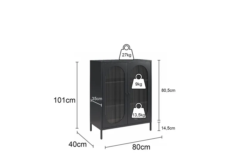 Skåp Luna 80x40x102 cm, Svart - 80x40x102 cm, Svart - Förvaring - Skåp - Vitrinskåp