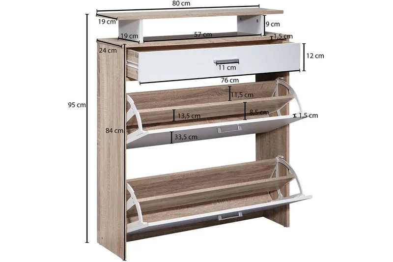 Skoskåp Wohnling Folierad spånskiva med förvaringshylla, 2 nedfällbara fack, 1 låda - Förvaring - Skåp - Förvaringsskåp