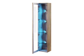 Veria Smalt Vitrinskåp Blå LED Belysning 30 cm djup 40 cm bred 180 cm hög Mörkt Trä Glas - Natur/Svart - Förvaring - Skåp - Vitrinskåp