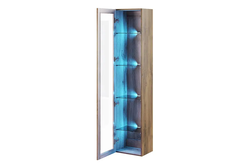 Veria Smalt Vitrinskåp Blå LED Belysning 30 cm djup 40 cm bred 180 cm hög Mörkt Trä Glas - Natur/Svart - Förvaring - Skåp - Vitrinskåp