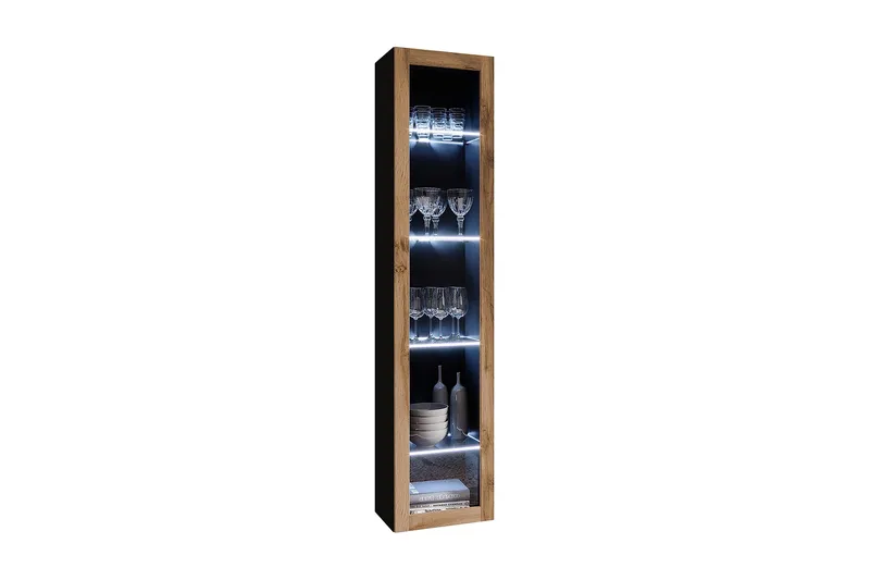 Veria Smalt Vitrinskåp Blå LED Belysning 30 cm djup 40 cm bred 180 cm hög Mörkt Trä Glas - Natur/Svart - Förvaring - Skåp - Vitrinskåp