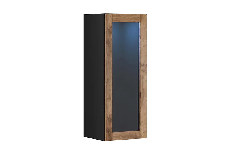 Veria Vitrinskåp Vit LED Belysning 32 cm djup 35 cm bred 90 cm hög Mörkt Trä Glas, Natur/Svart