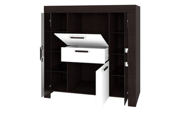 Cezar Lågt Vitrinskåp Vit LED Belysning 42 cm djup 130 cm bred 131 cm hög Ljust Trä Ek Glas - Beige/Grå - Förvaring - Skåp - Vitrinskåp