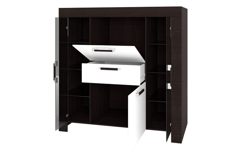 Cezar Lågt Vitrinskåp Vit LED Belysning 42 cm djup 130 cm bred 131 cm hög Ljust Trä Ek Glas - Beige/Grå - Förvaring - Skåp - Vitrinskåp