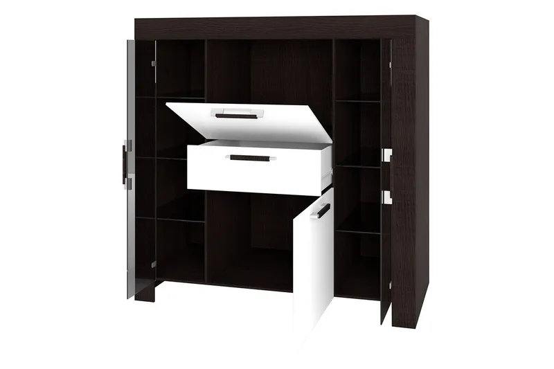 Cezar Lågt Vitrinskåp Vit LED Belysning 42 cm djup 130 cm bred 131 cm hög Ljust Trä Ek Glas - Beige/Grå - Förvaring - Skåp - Vitrinskåp