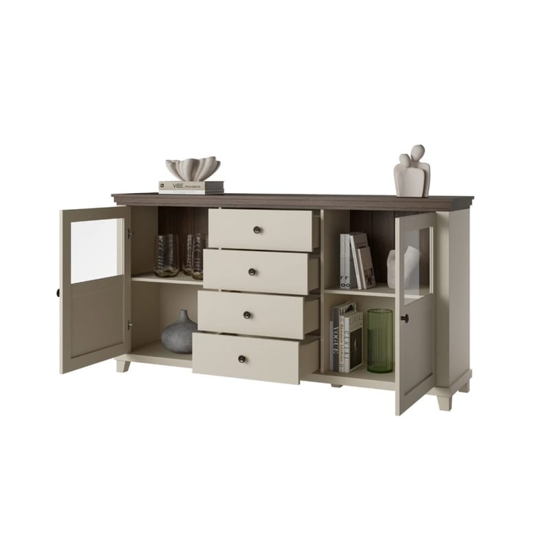 Vitrinskåp Evora 2 dörrar med 4 lådor - Ljus Beige - Förvaring - Skåp - Vitrinskåp