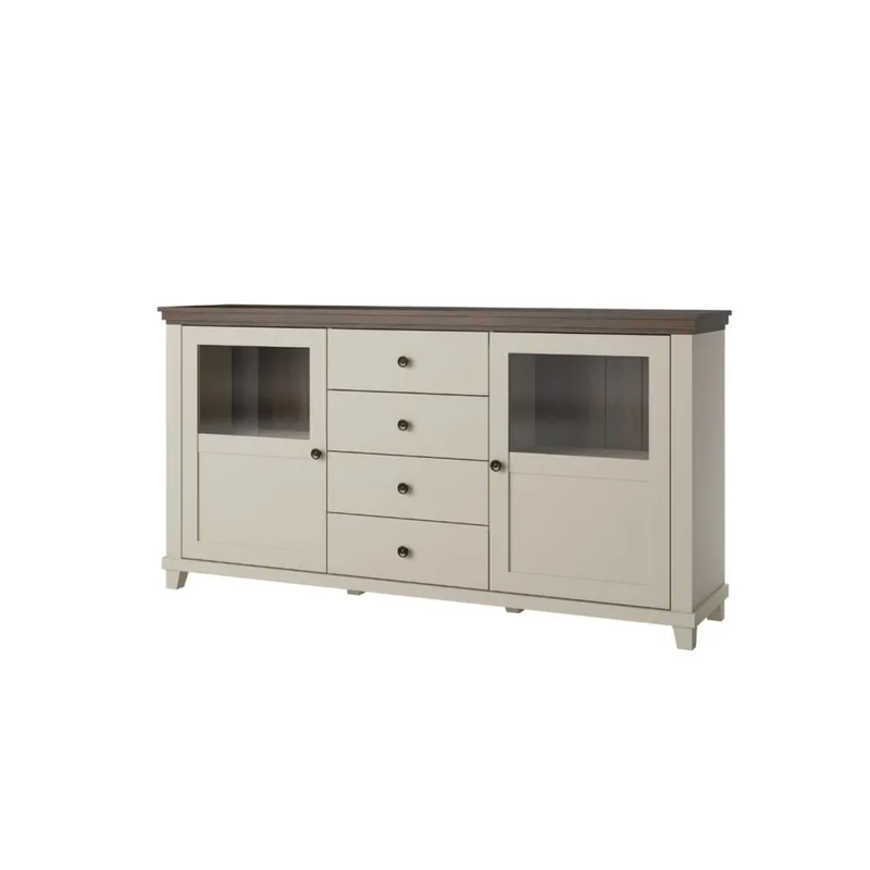 Vitrinskåp Evora 2 dörrar med 4 lådor, Ljus Beige