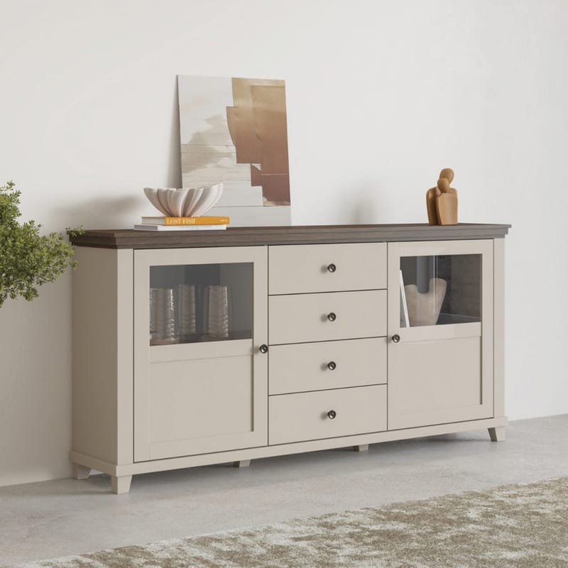 Vitrinskåp Evora 2 dörrar med 4 lådor - Ljus Beige - Förvaring - Skåp - Vitrinskåp