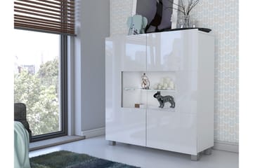 Frick Vitrinskåp Blå LED Belysning 35 cm djup 100 cm bred 107 cm hög Ljust Trä Glas - Vit/Blå LED - Förvaring - Skåp - Vitrinskåp